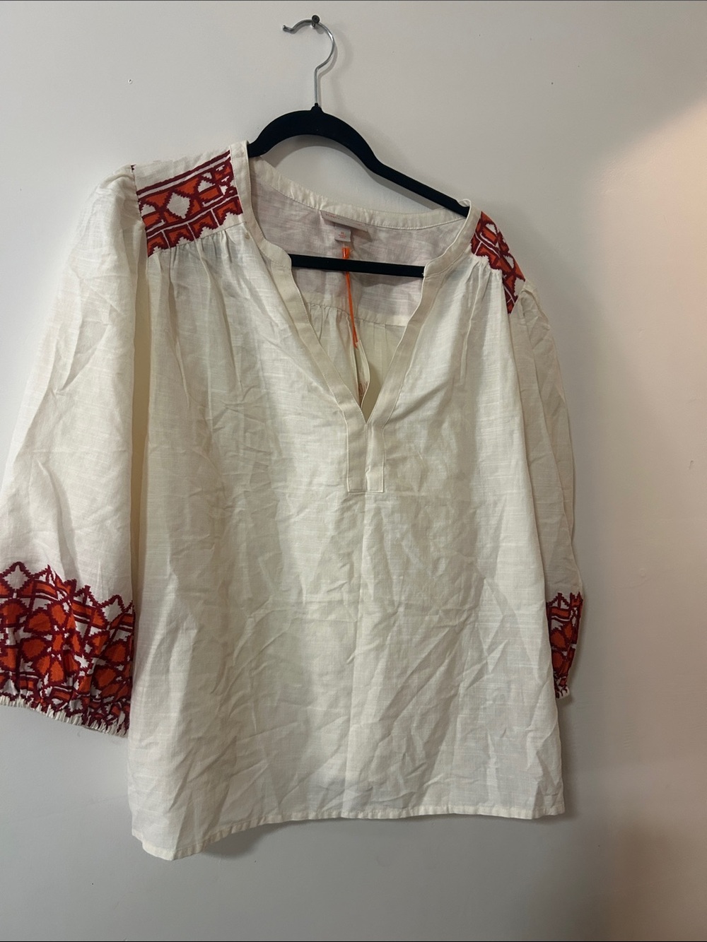 V-Neck Peasant Top - White with Red Accents